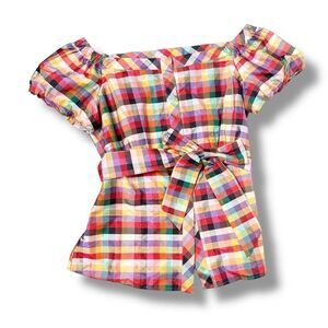 Lafayette New York 148 Square Neck Multicolor Plaid Short Sleeve Belted Blouse 8
